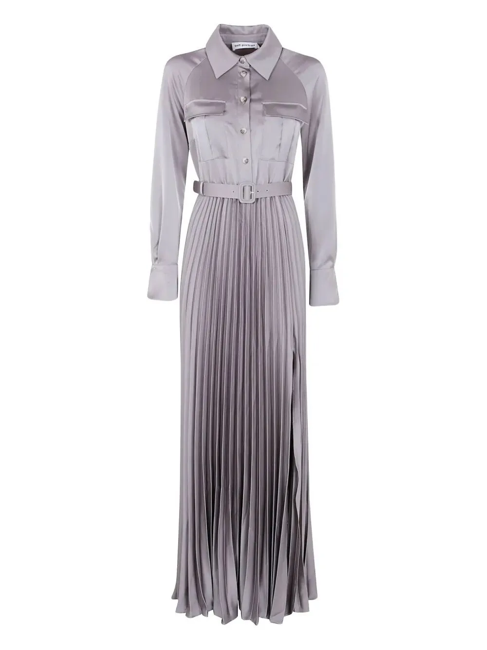 Self-Portrait Grey Satin Pleated Maxi Dress