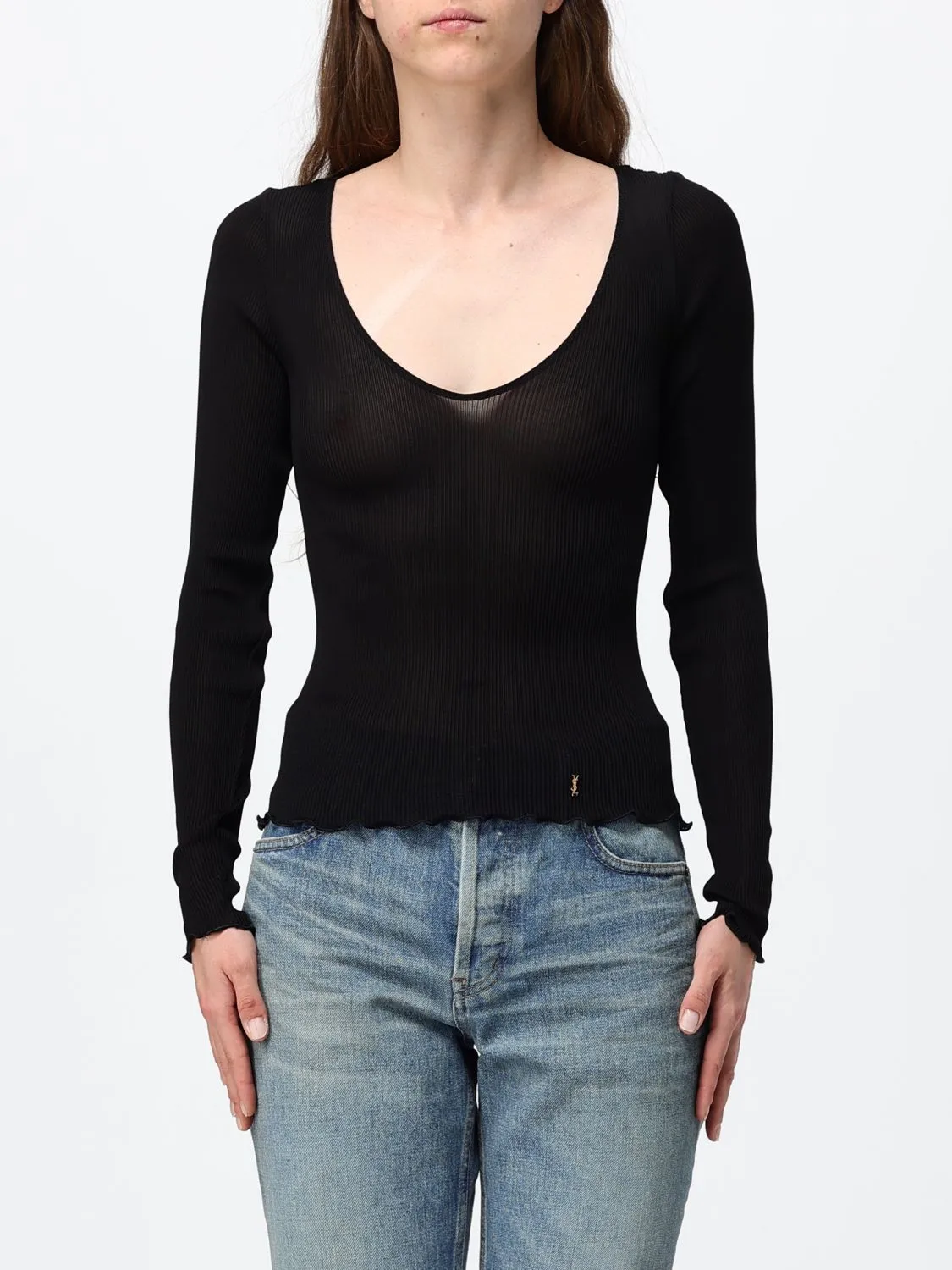 Saint Laurent Slim Fit V-Neck Silk Jumper with Wavy Hem