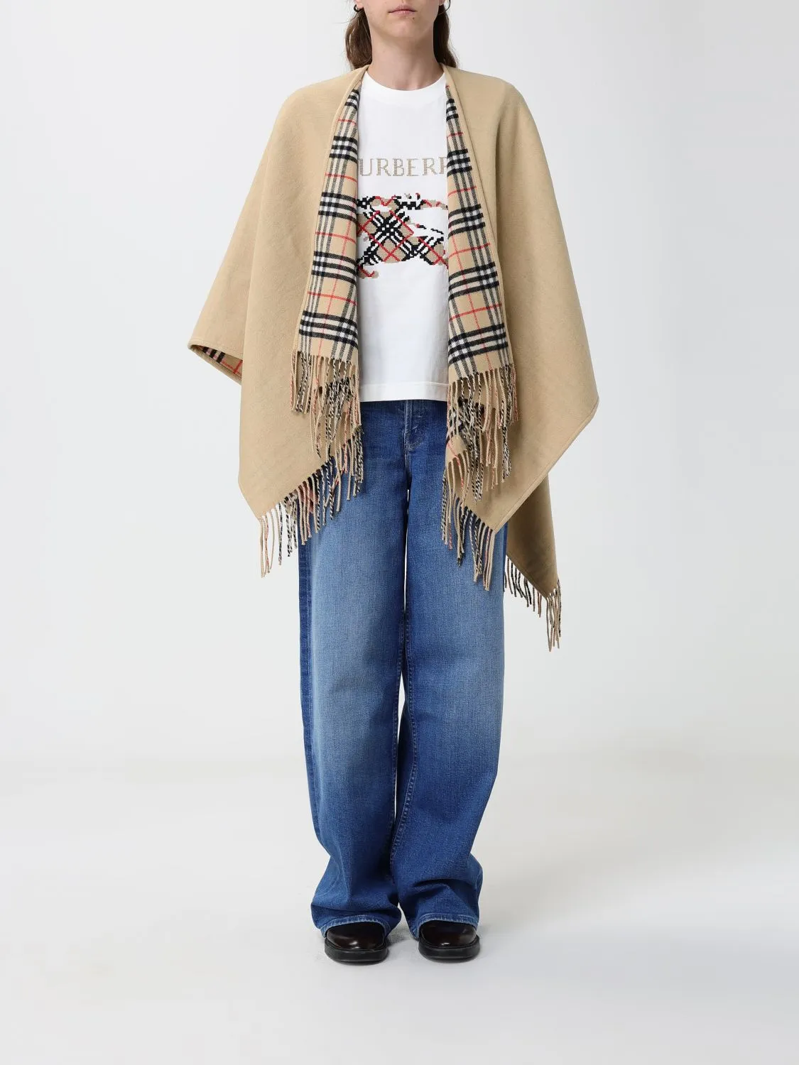 Burberry Asymmetrical Cape in Wool with Vintage Check Pattern and Fringed Edges
