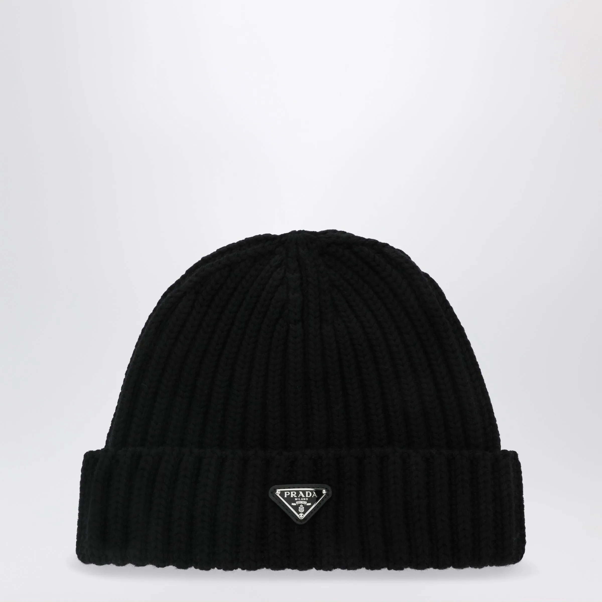 Prada Black virgin wool beanie with enamelled triangle logo