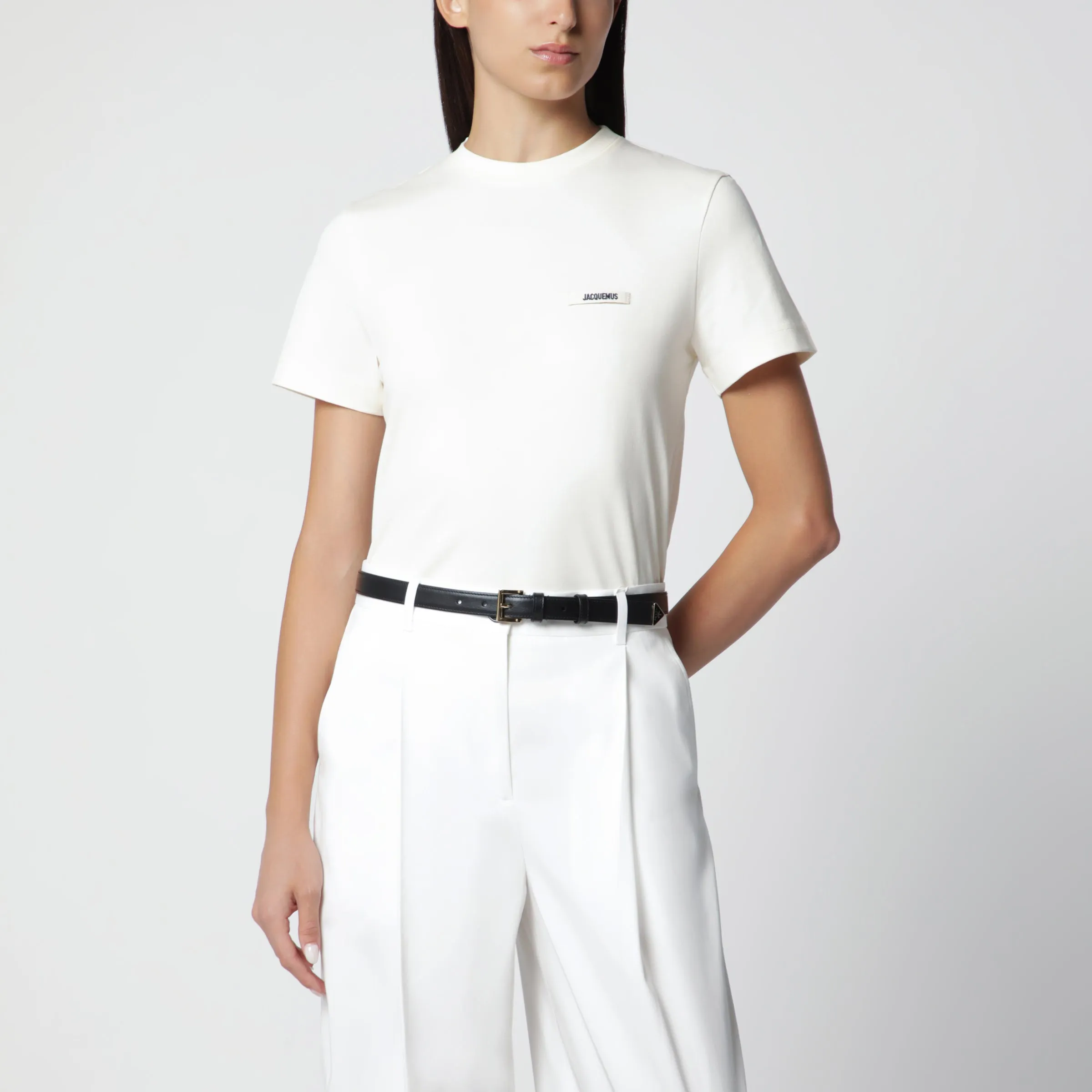 Jacquemus Light Beige Fitted T-Shirt with Grosgrain Logo