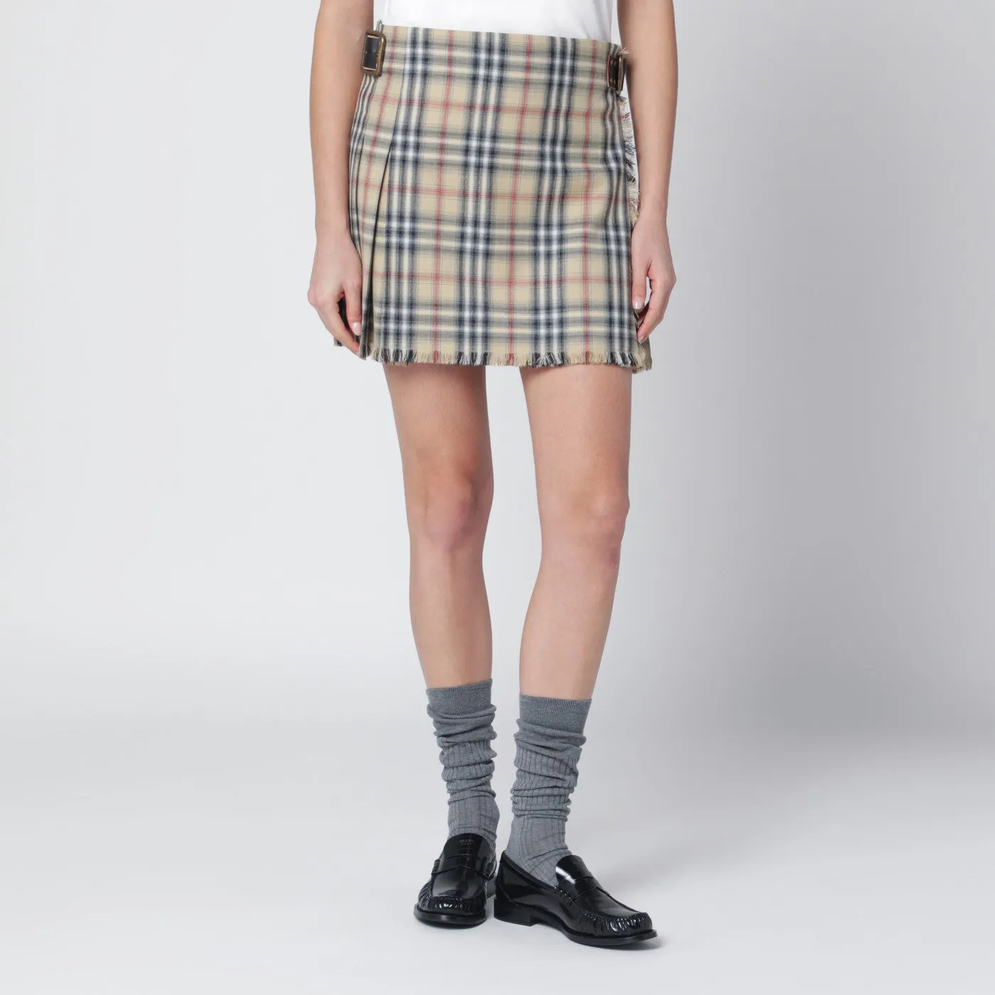 Burberry Beige wool mini kilt with Check pattern
